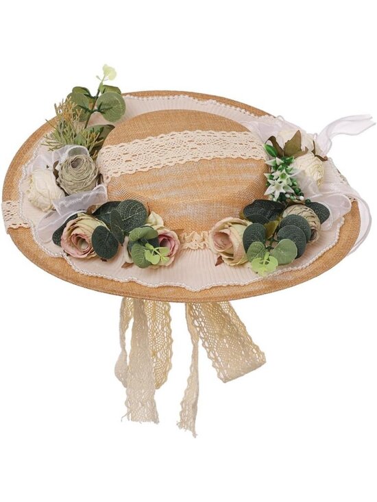 Elegant Victorian Tea Party Sun Hat with Bows & Florals - Stylish Flat Straw Hat